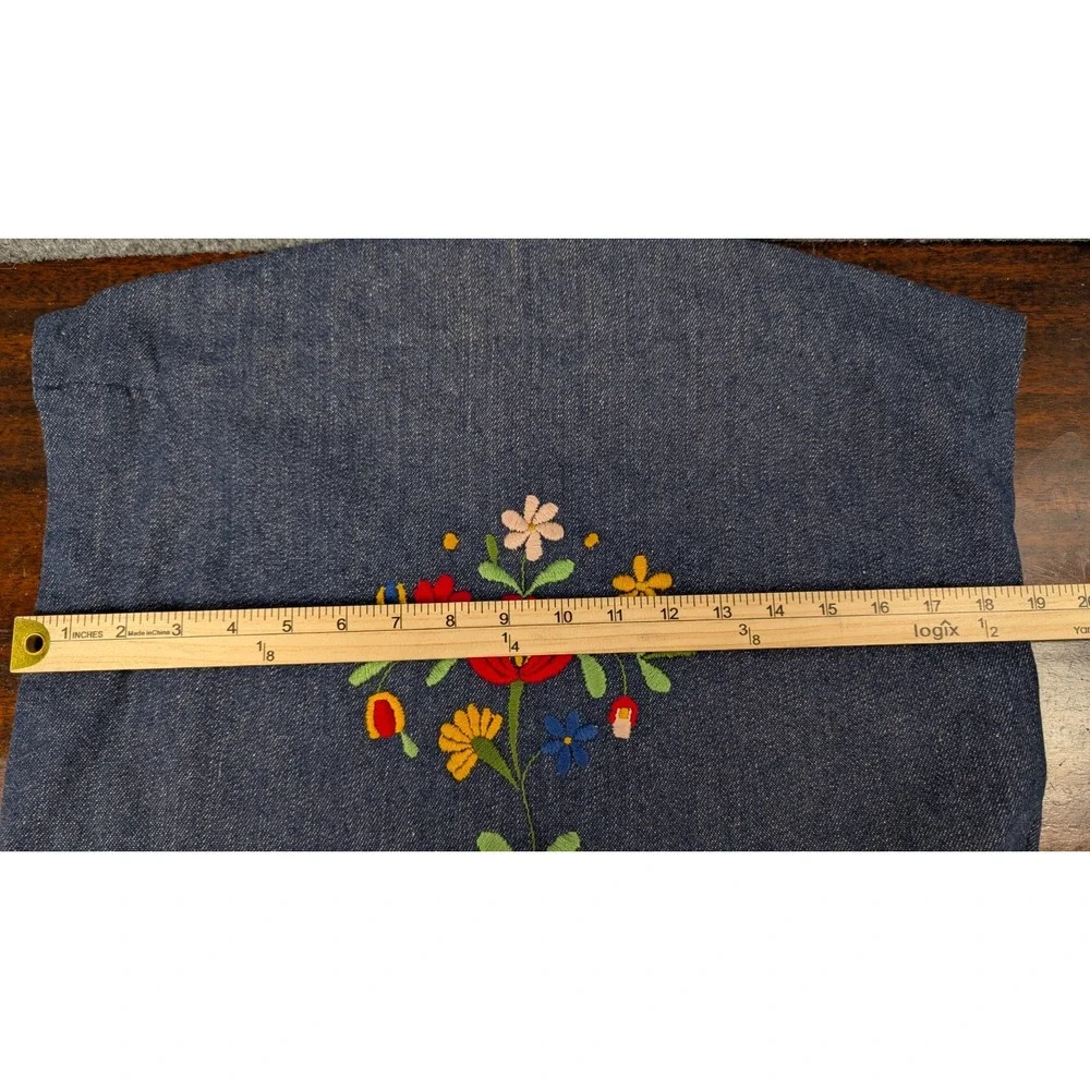 Handmade Denim Drawstring Project Bag Embroidered Floral Folk Art Lined Storage